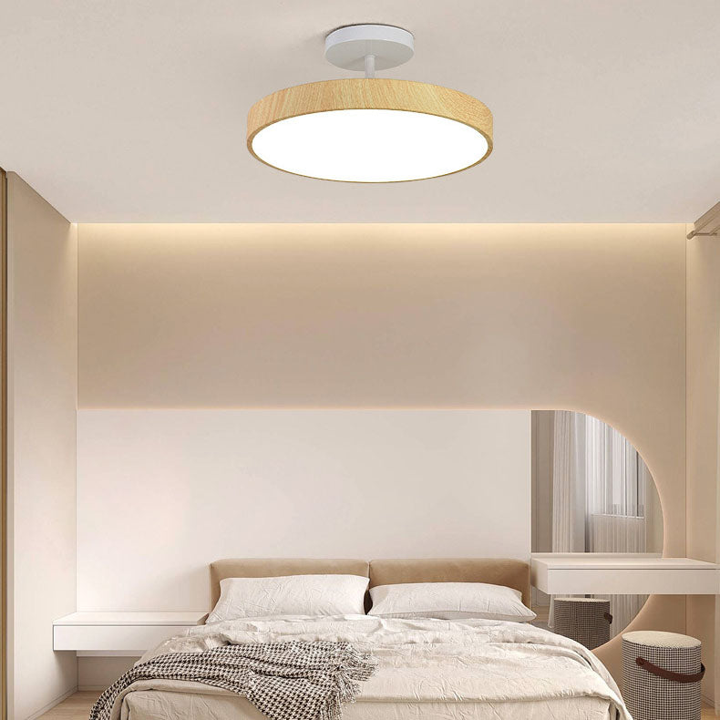 Japandi LED Plafondlamp met Houtnerf Ronde Plafonnière op Korte Steel met Keuze uit Lichtkleur of Dimbaar voor Woonkamer | Slaapkamer en Hal
