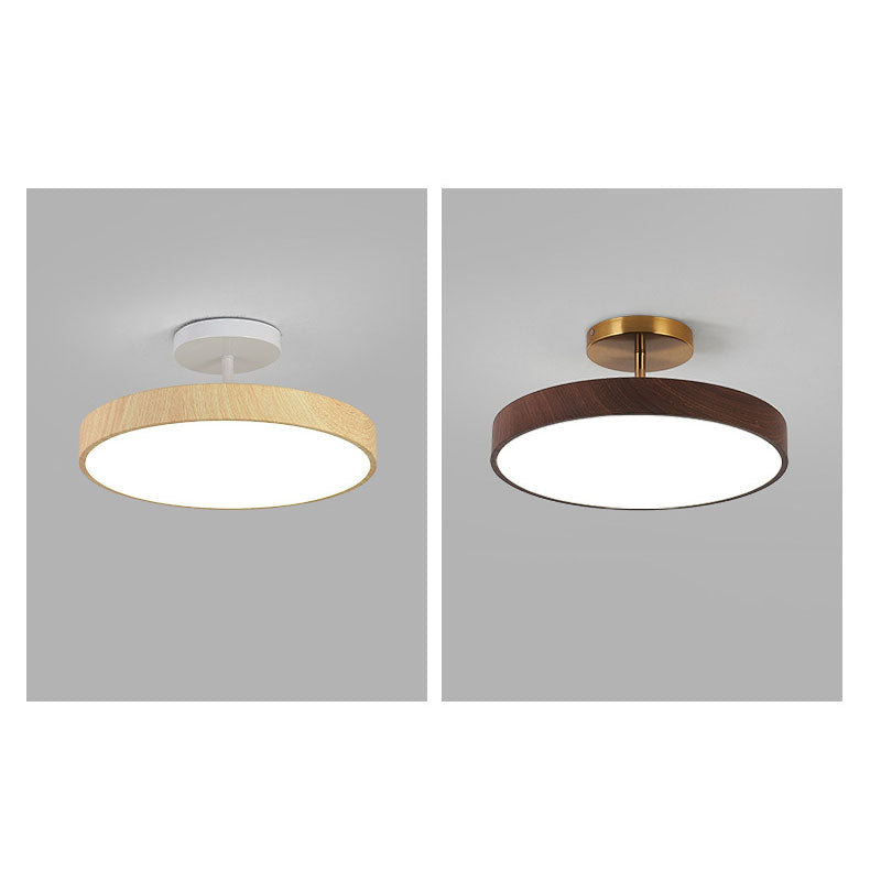 Japandi LED Plafondlamp met Houtnerf Ronde Plafonnière op Korte Steel met Keuze uit Lichtkleur of Dimbaar voor Woonkamer | Slaapkamer en Hal