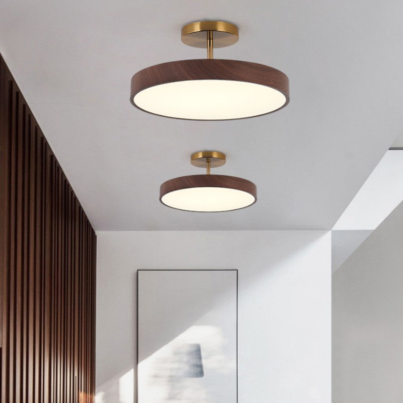 Japandi LED Plafondlamp met Houtnerf Ronde Plafonnière op Korte Steel met Keuze uit Lichtkleur of Dimbaar voor Woonkamer | Slaapkamer en Hal