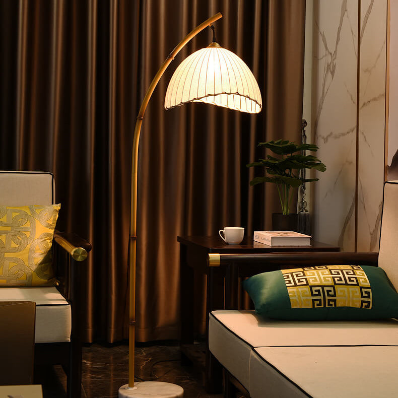 Vloerlamp met Bamboelook Paal en Stoffen Kap | Retro Zen Booglamp met Marmeren Voet voor Woonkamer | Slaapkamer en Hal