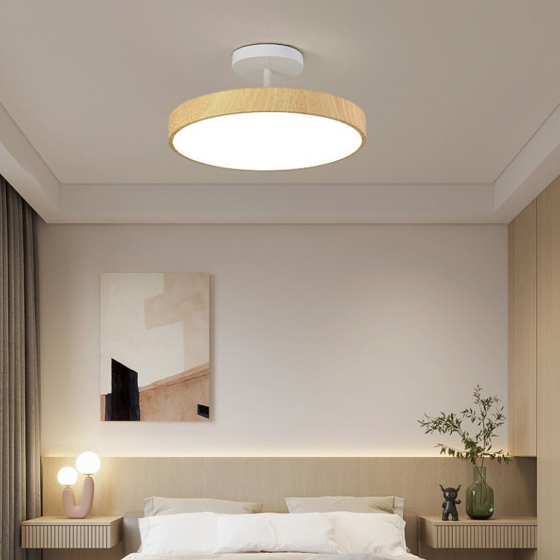 Japandi LED Plafondlamp met Houtnerf Ronde Plafonnière op Korte Steel met Keuze uit Lichtkleur of Dimbaar voor Woonkamer | Slaapkamer en Hal