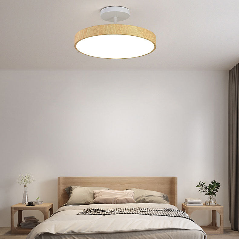 Japandi LED Plafondlamp met Houtnerf Ronde Plafonnière op Korte Steel met Keuze uit Lichtkleur of Dimbaar voor Woonkamer | Slaapkamer en Hal