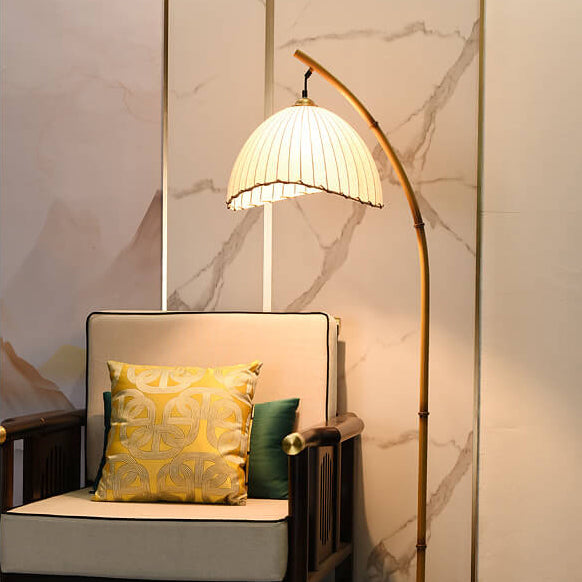 Vloerlamp met Bamboelook Paal en Stoffen Kap | Retro Zen Booglamp met Marmeren Voet voor Woonkamer | Slaapkamer en Hal