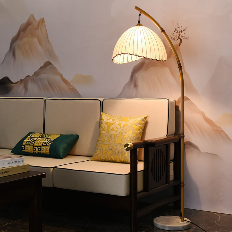 Vloerlamp met Bamboelook Paal en Stoffen Kap | Retro Zen Booglamp met Marmeren Voet voor Woonkamer | Slaapkamer en Hal