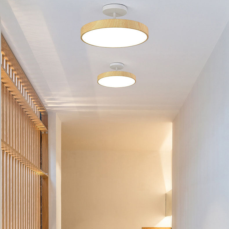 Japandi LED Plafondlamp met Houtnerf Ronde Plafonnière op Korte Steel met Keuze uit Lichtkleur of Dimbaar voor Woonkamer | Slaapkamer en Hal