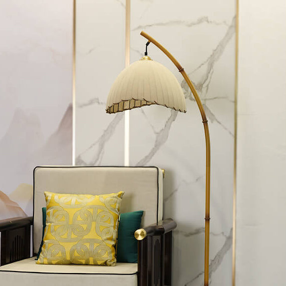Vloerlamp met Bamboelook Paal en Stoffen Kap | Retro Zen Booglamp met Marmeren Voet voor Woonkamer | Slaapkamer en Hal