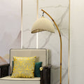 Vloerlamp met Bamboelook Paal en Stoffen Kap | Retro Zen Booglamp met Marmeren Voet voor Woonkamer | Slaapkamer en Hal