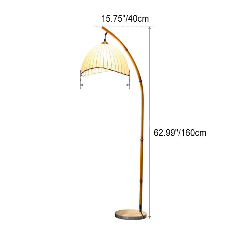 Vloerlamp met Bamboelook Paal en Stoffen Kap | Retro Zen Booglamp met Marmeren Voet voor Woonkamer | Slaapkamer en Hal