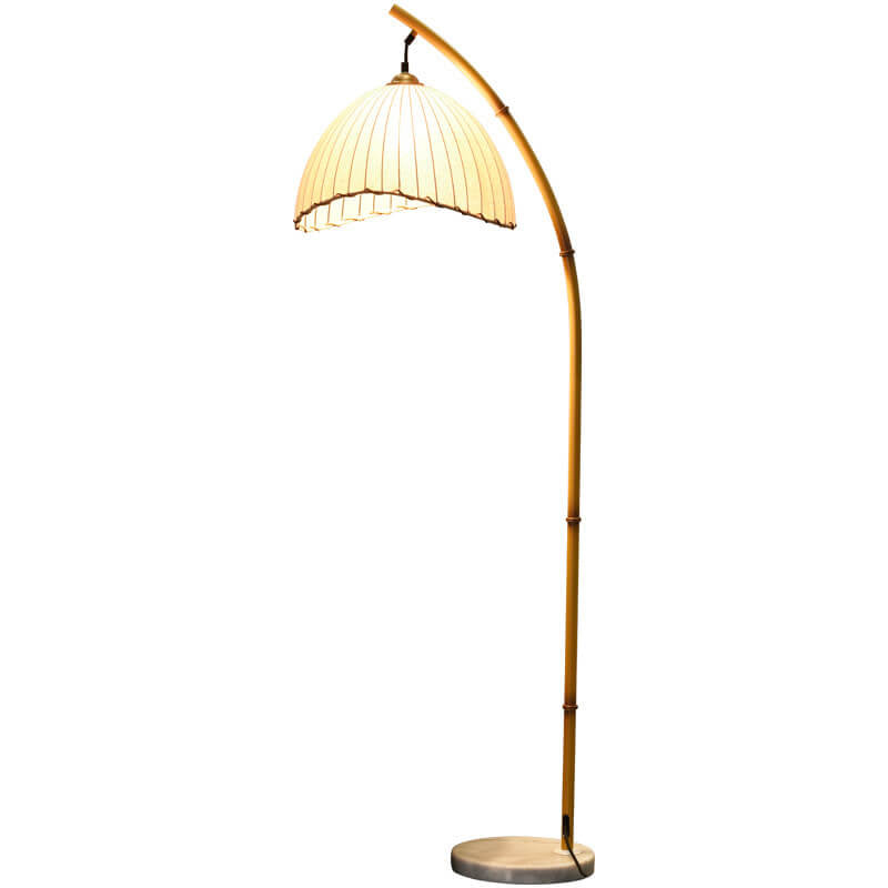 Vloerlamp met Bamboelook Paal en Stoffen Kap | Retro Zen Booglamp met Marmeren Voet voor Woonkamer | Slaapkamer en Hal