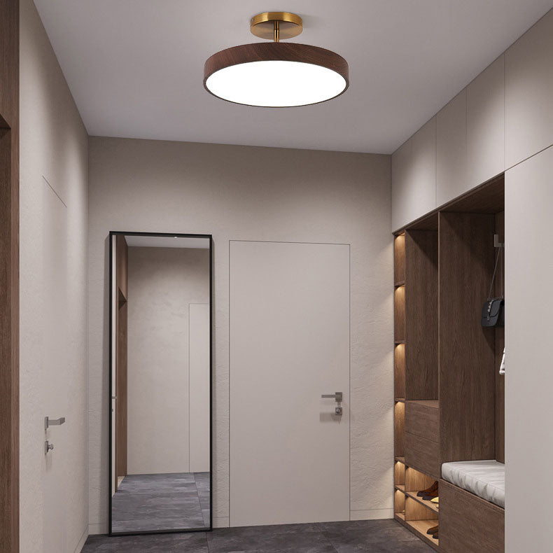 Japandi LED Plafondlamp met Houtnerf Ronde Plafonnière op Korte Steel met Keuze uit Lichtkleur of Dimbaar voor Woonkamer | Slaapkamer en Hal