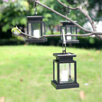 Solar Lantaarn met LED Kaars | Retro Hanglantaarn op Zonne-energie met Ophangclip | Spatwaterdichte Tuinverlichting voor Balkon en Terras