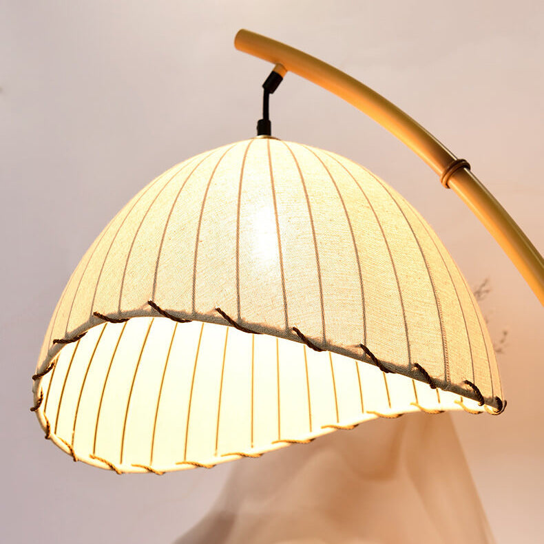 Vloerlamp met Bamboelook Paal en Stoffen Kap | Retro Zen Booglamp met Marmeren Voet voor Woonkamer | Slaapkamer en Hal