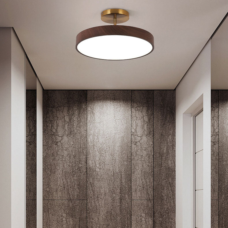 Japandi LED Plafondlamp met Houtnerf Ronde Plafonnière op Korte Steel met Keuze uit Lichtkleur of Dimbaar voor Woonkamer | Slaapkamer en Hal