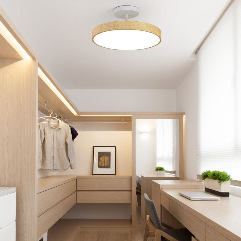 Japandi LED Plafondlamp met Houtnerf Ronde Plafonnière op Korte Steel met Keuze uit Lichtkleur of Dimbaar voor Woonkamer | Slaapkamer en Hal