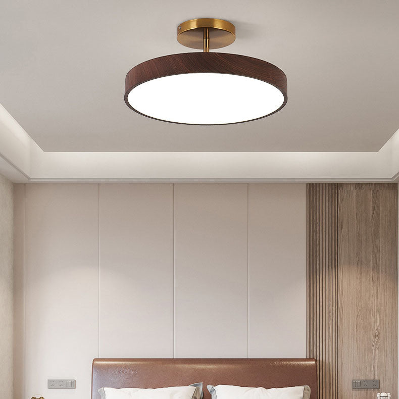Japandi LED Plafondlamp met Houtnerf Ronde Plafonnière op Korte Steel met Keuze uit Lichtkleur of Dimbaar voor Woonkamer | Slaapkamer en Hal