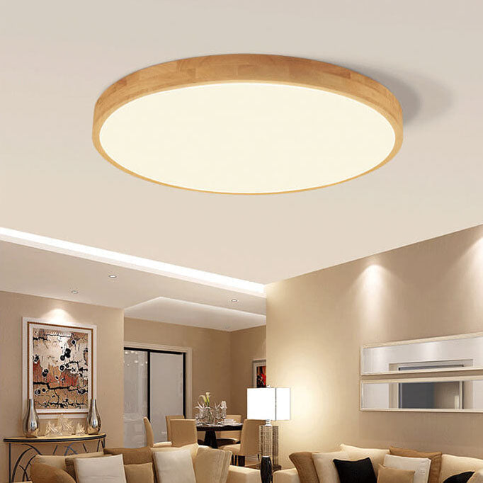 Ultradunne Ronde LED Plafondlamp met Houten Rand Platte Plafonnière Dimbaar met Afstandsbediening of Vaste Lichtkleur voor Woonkamer | Slaapkamer