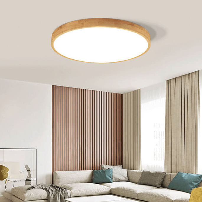 Ultradunne Ronde LED Plafondlamp met Houten Rand Platte Plafonnière Dimbaar met Afstandsbediening of Vaste Lichtkleur voor Woonkamer | Slaapkamer