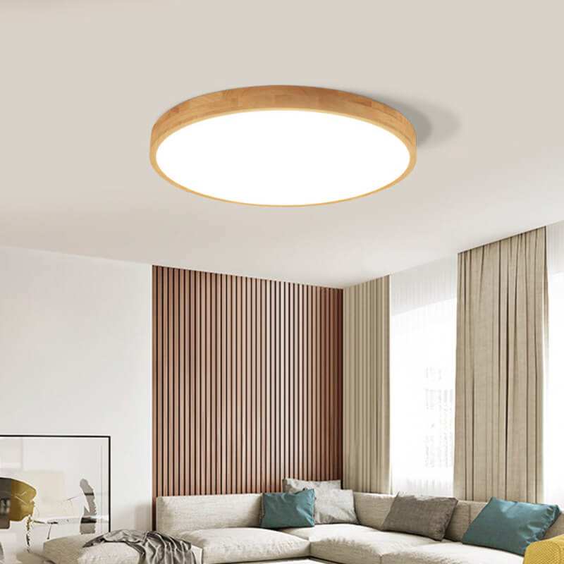 Ultradunne Ronde LED Plafondlamp met Houten Rand Platte Plafonnière Dimbaar met Afstandsbediening of Vaste Lichtkleur voor Woonkamer | Slaapkamer