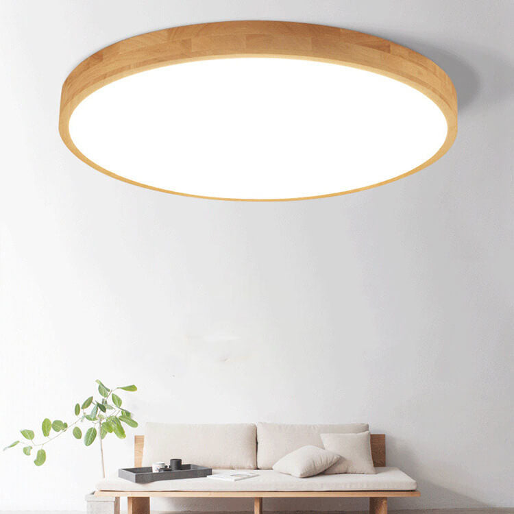 Ultradunne Ronde LED Plafondlamp met Houten Rand Platte Plafonnière Dimbaar met Afstandsbediening of Vaste Lichtkleur voor Woonkamer | Slaapkamer