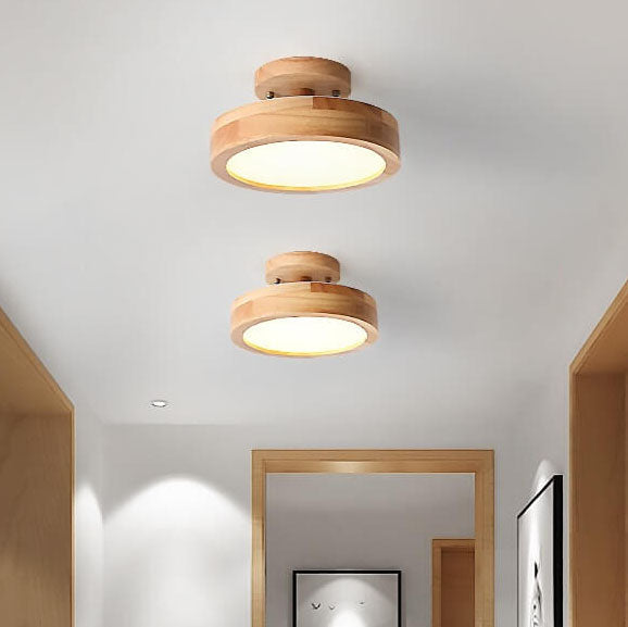 Scandinavische Ronde LED Plafondlamp met Houten Voet Kleine Plafonnière met Ingebouwde LED en Keuze uit Lichtkleur voor Hal | Gang en Slaapkamer