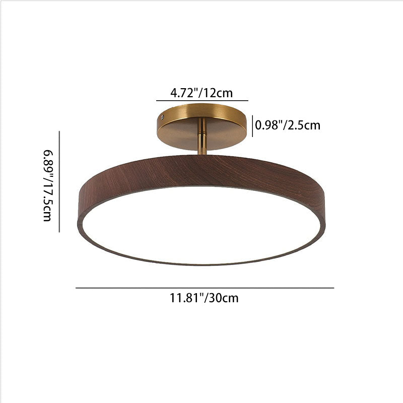 Japandi LED Plafondlamp met Houtnerf Ronde Plafonnière op Korte Steel met Keuze uit Lichtkleur of Dimbaar voor Woonkamer | Slaapkamer en Hal