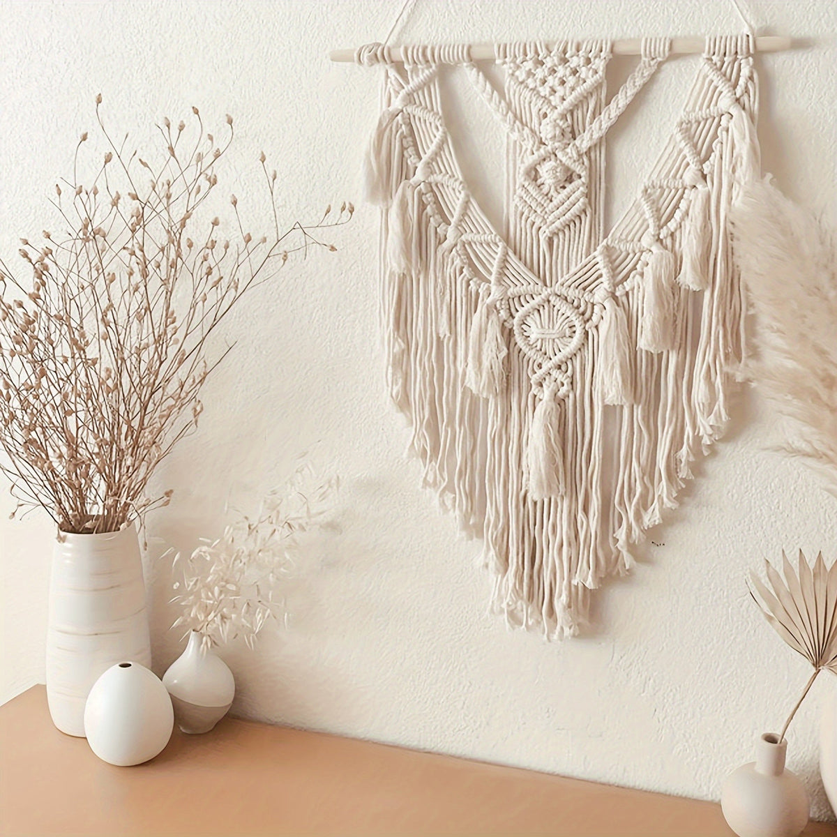 Macramé Wandkleed Boho Handgemaakt | Geknoopte Wanddecoratie met Kwastjes en Franjes voor Slaapkamer | Woonkamer en Hal