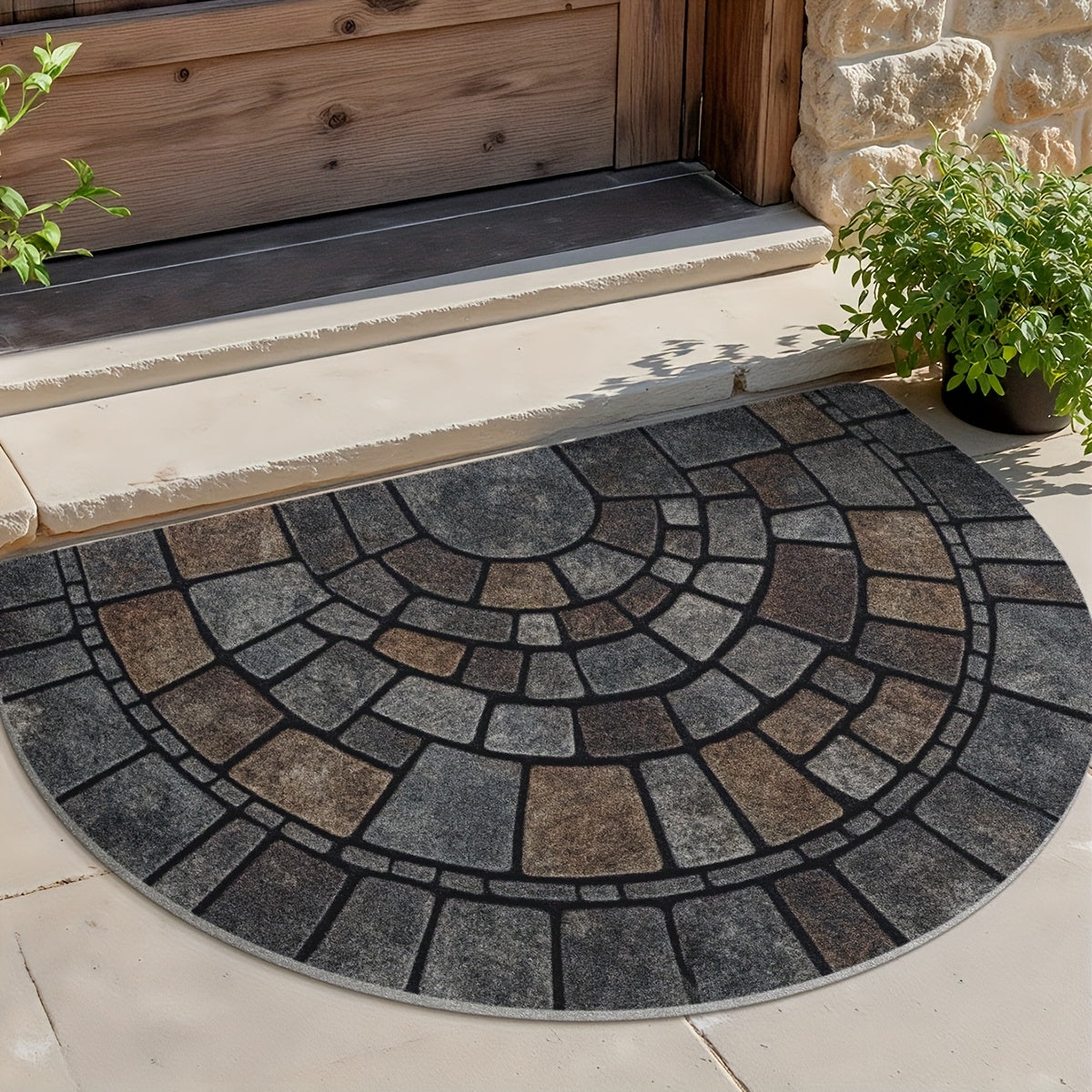 Halfronde Deurmat met Mozaïekprint in Natuursteenlook Antislip Mat voor Binnen en Buiten voor Voordeur | Balkon en Terras