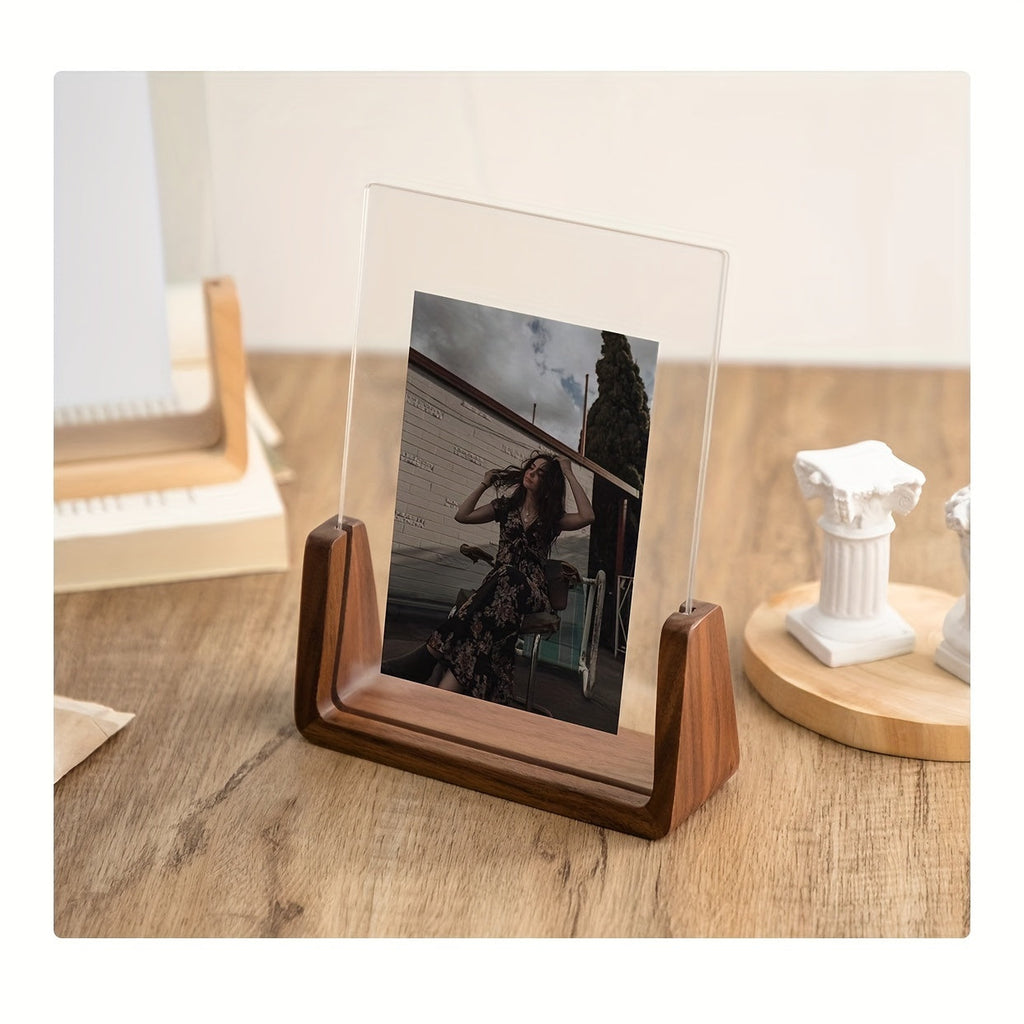 Acryl Fotolijst met Houten Voet Staande Fotolijst in U-vorm Moderne Fotohouder voor Foto of Kaart voor Bureau | Kast en Nachtkastje