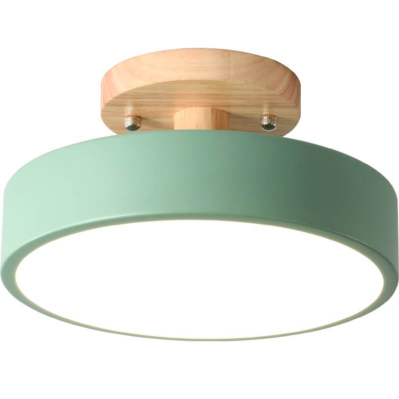 Scandinavische Ronde LED Plafondlamp met Houten Voet Kleine Plafonnière met Ingebouwde LED en Keuze uit Lichtkleur voor Hal | Gang en Slaapkamer
