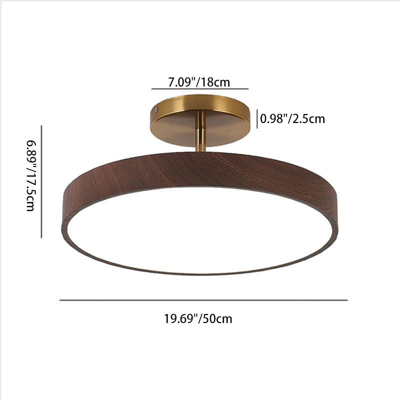 Japandi LED Plafondlamp met Houtnerf Ronde Plafonnière op Korte Steel met Keuze uit Lichtkleur of Dimbaar voor Woonkamer | Slaapkamer en Hal