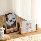 Acryl Fotolijst met Houten Voet Staande Fotolijst in U-vorm Moderne Fotohouder voor Foto of Kaart voor Bureau | Kast en Nachtkastje