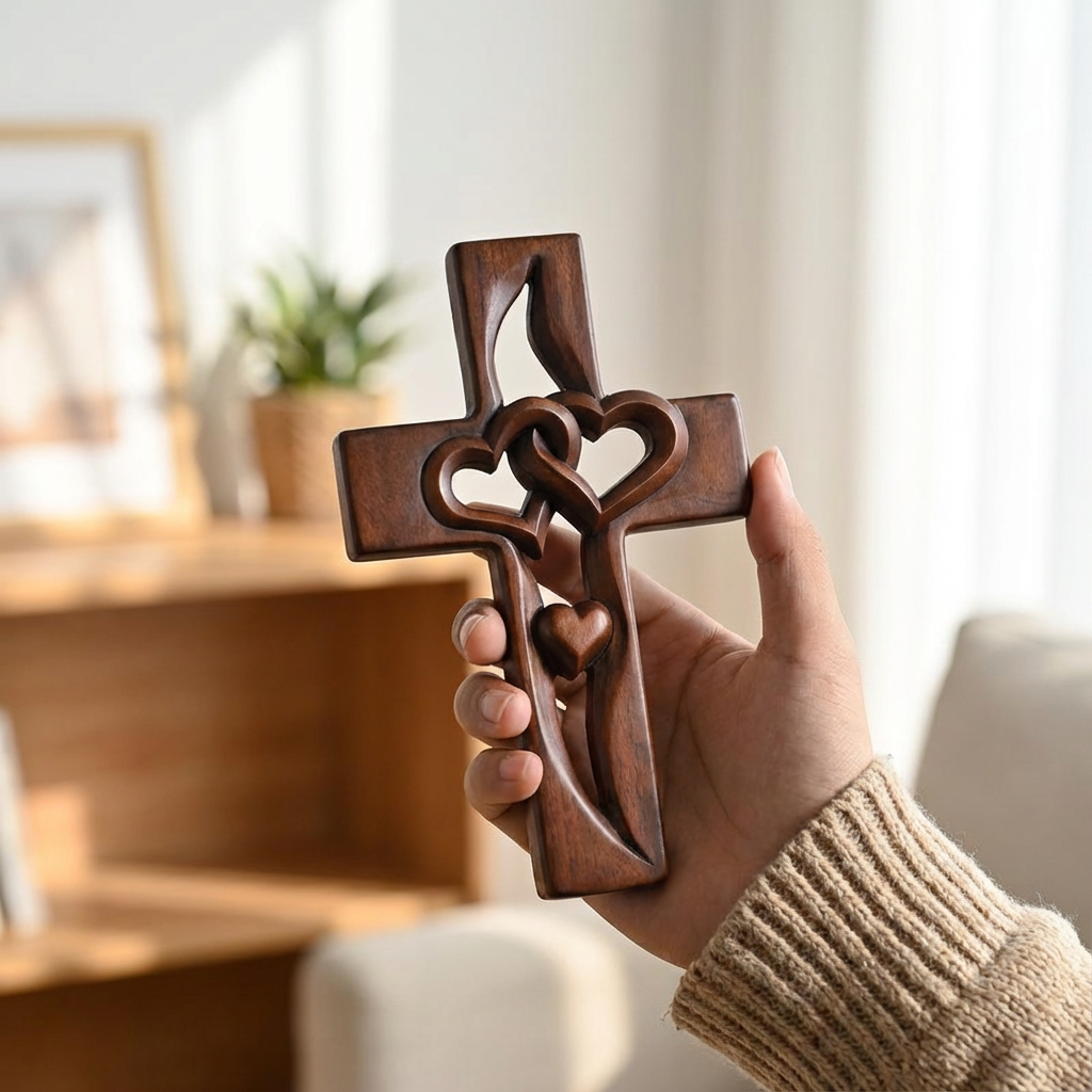 Houten Wandkruis met Verstrengelde Harten | Gesneden Wanddecoratie en Christelijk Kruis voor Hal | Slaapkamer en Woonkamer
