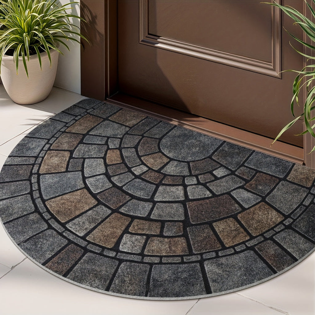 Halfronde Deurmat met Mozaïekprint in Natuursteenlook Antislip Mat voor Binnen en Buiten voor Voordeur | Balkon en Terras