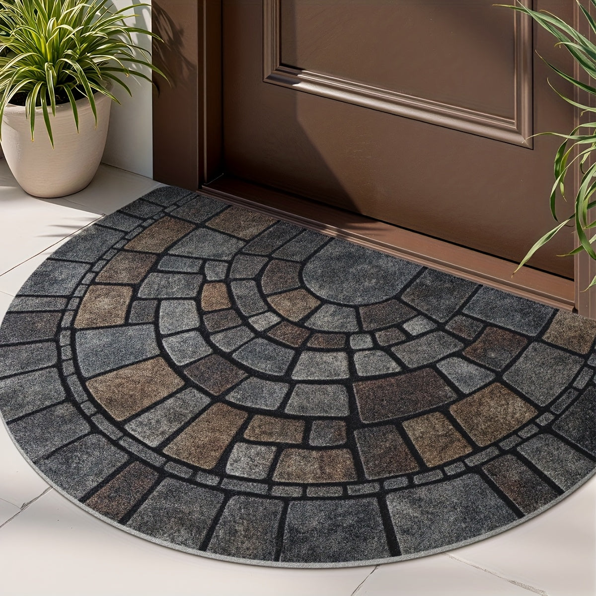 Halfronde Deurmat met Mozaïekprint in Natuursteenlook Antislip Mat voor Binnen en Buiten voor Voordeur | Balkon en Terras