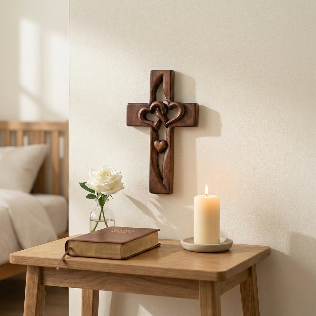 Houten Wandkruis met Verstrengelde Harten | Gesneden Wanddecoratie en Christelijk Kruis voor Hal | Slaapkamer en Woonkamer