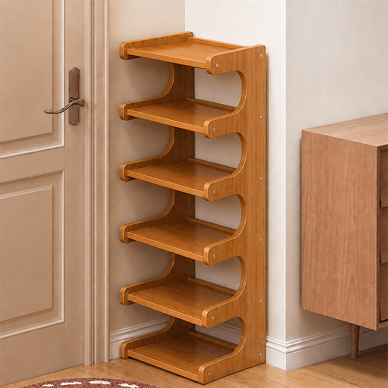 Bamboe Schoenenrek met Open Planken | Smal Scandinavisch Opbergrek voor Schoenen en Planten in Hal | Entree en Woonkamer