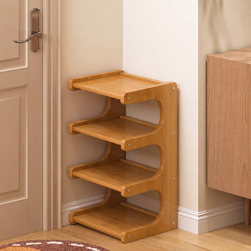 Bamboe Schoenenrek met Open Planken | Smal Scandinavisch Opbergrek voor Schoenen en Planten in Hal | Entree en Woonkamer