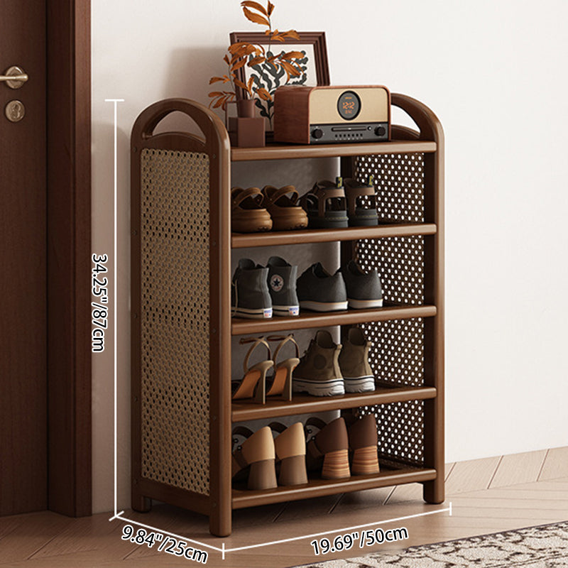 Vintage Schoenenrek met Kunstrotan Zijpanelen en Bamboe | Hoog Opbergrek met Open Planken voor Hal | Entree en Woonkamer