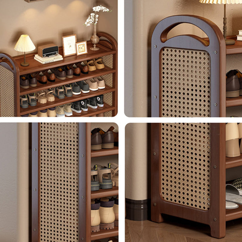 Vintage Schoenenrek met Kunstrotan Zijpanelen en Bamboe | Hoog Opbergrek met Open Planken voor Hal | Entree en Woonkamer