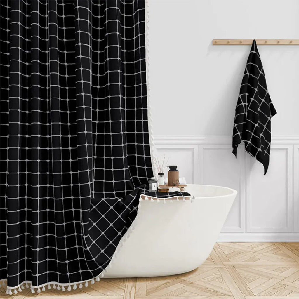 Linnen Douchegordijn met Kwastjes | Boho Badgordijn met Jacquard Weefpatroon en Waterafstotende Binnenkant Inclusief Haken