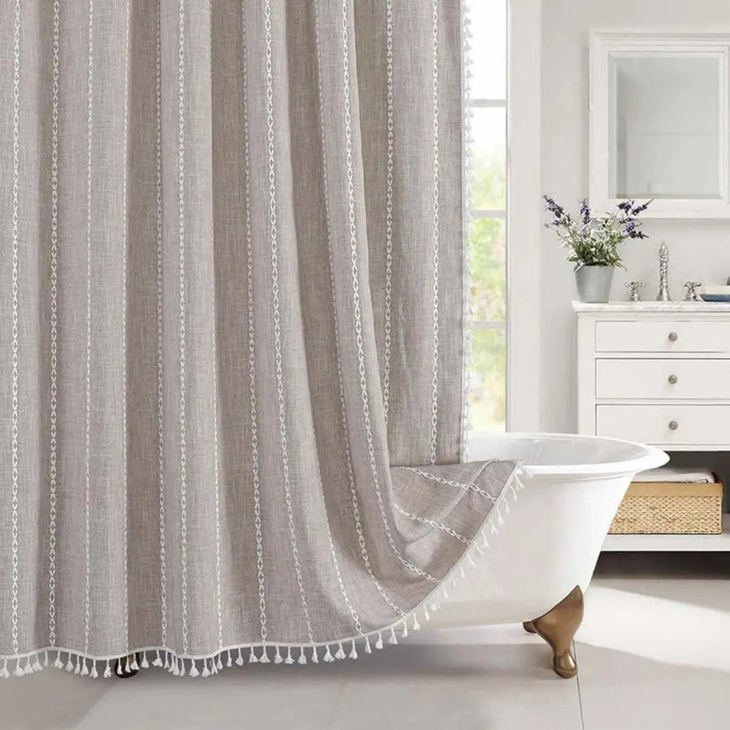 Linnen Douchegordijn met Kwastjes | Boho Badgordijn met Jacquard Weefpatroon en Waterafstotende Binnenkant Inclusief Haken