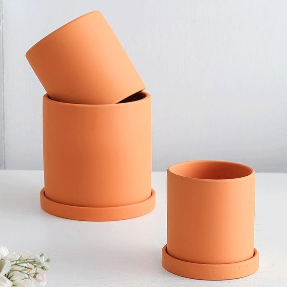Keramische Bloempot met Schotel | Matte Plantenpot met Afvoergat voor Kamerplanten en Kruiden | Voor Binnen en Balkon
