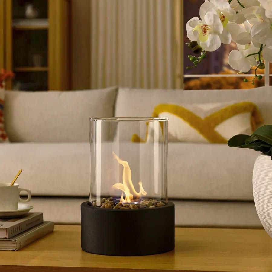 Bio-Ethanol Tafelhaard met Glazen Cilinder Ronde Sfeerhaard met Echte Vlam en Rookvrij voor Binnen en Buiten | Woonkamer Balkon en Tuin