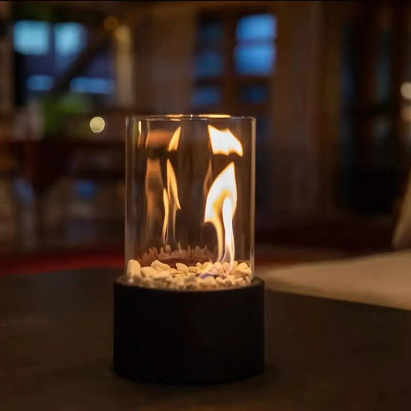 Bio-Ethanol Tafelhaard met Glazen Cilinder Ronde Sfeerhaard met Echte Vlam en Rookvrij voor Binnen en Buiten | Woonkamer Balkon en Tuin