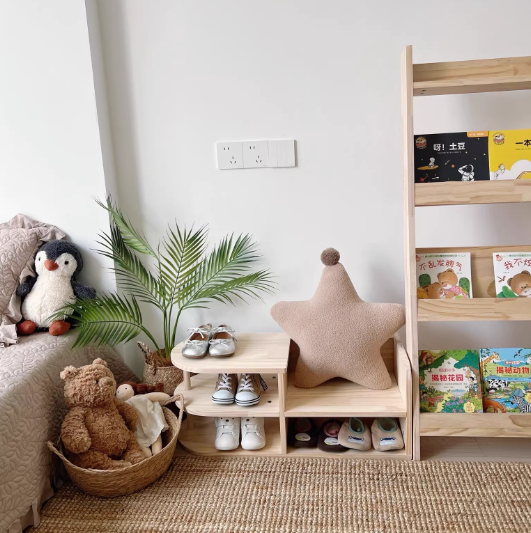 Grenenhouten Schoenenrek voor Kinderen met Open Vakken | Japans Kinderschoenenrek met Afgeronde Hoeken voor Hal en Kinderkamer