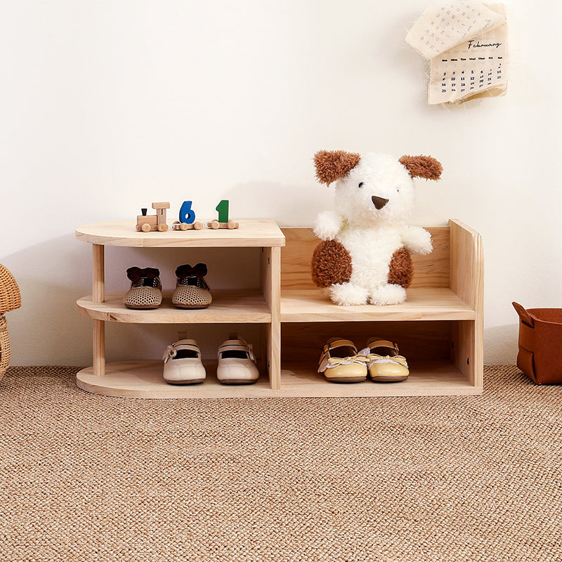 Grenenhouten Schoenenrek voor Kinderen met Open Vakken | Japans Kinderschoenenrek met Afgeronde Hoeken voor Hal en Kinderkamer