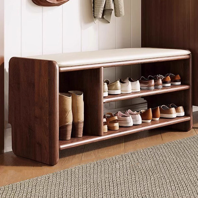 Massief Houten Schoenenbank met Kunstleren Zitkussen en Open Schoenenrek | Minimalistische Halbank met Afgeronde Hoeken voor Hal en Woonkamer