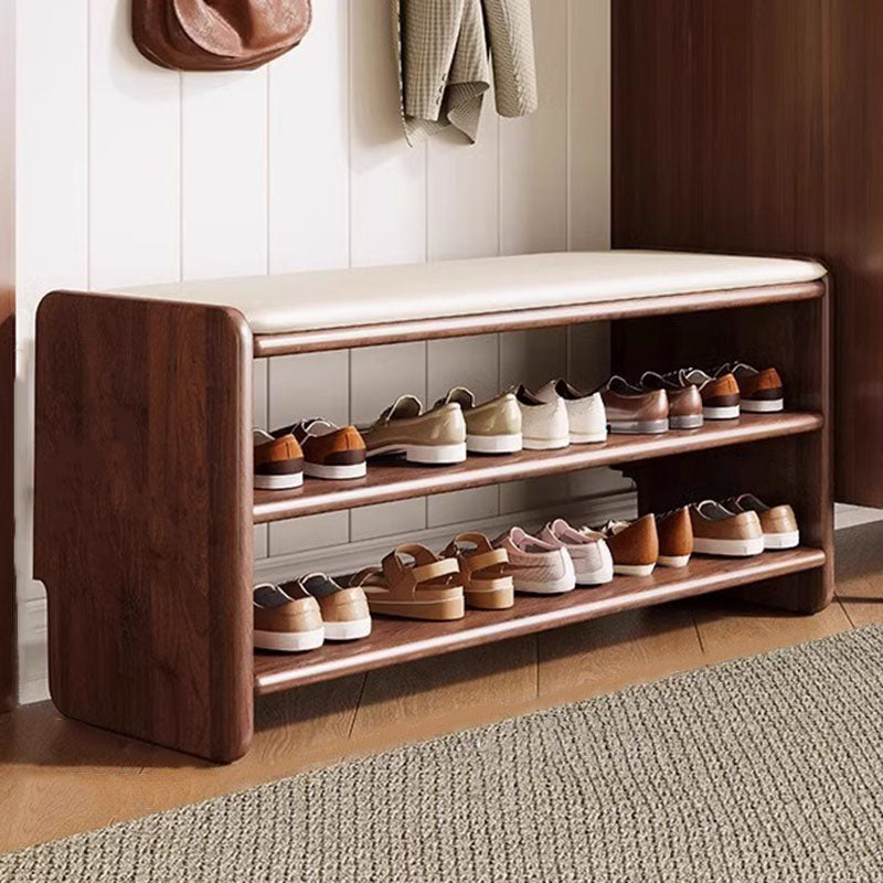 Massief Houten Schoenenbank met Kunstleren Zitkussen en Open Schoenenrek | Minimalistische Halbank met Afgeronde Hoeken voor Hal en Woonkamer