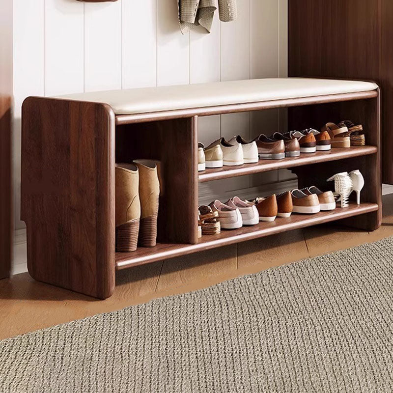 Massief Houten Schoenenbank met Kunstleren Zitkussen en Open Schoenenrek | Minimalistische Halbank met Afgeronde Hoeken voor Hal en Woonkamer