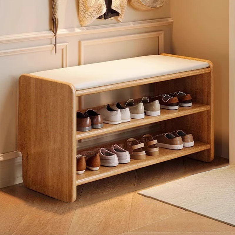 Massief Houten Schoenenbank met Kunstleren Zitkussen en Open Schoenenrek | Minimalistische Halbank met Afgeronde Hoeken voor Hal en Woonkamer